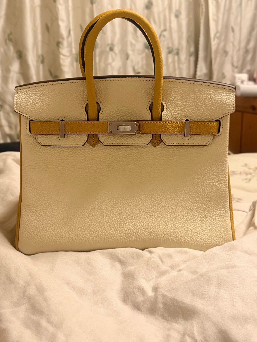 Cream and Yellow Women's Tote Handbag